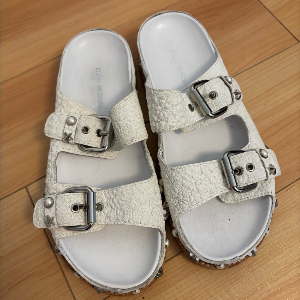 Stuart Weitzman White Leather Embellished Sandals